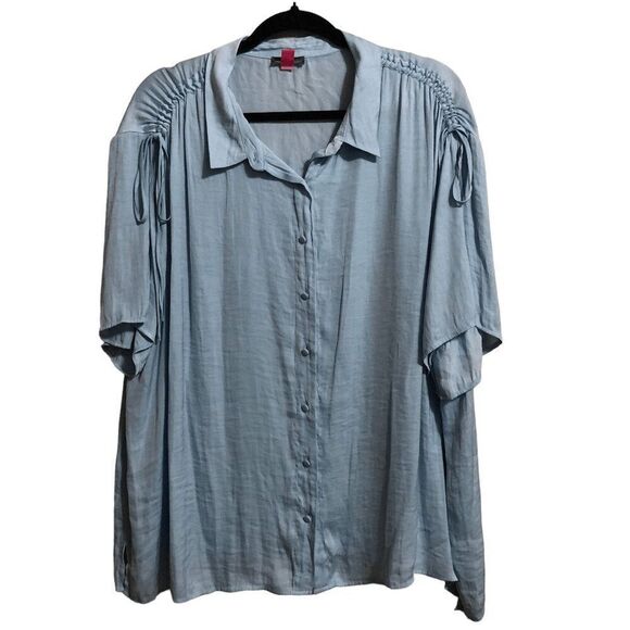 Vince Camuto Womens Top Blue 3X Plus Ruched Sleeve Button Up Blouse - Picture 1 of 6